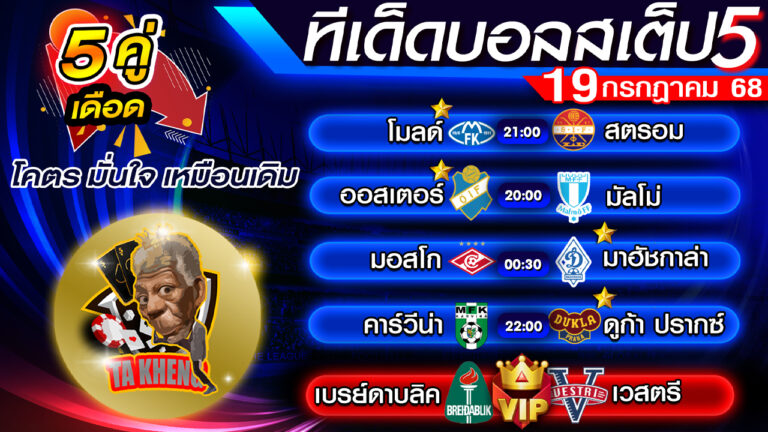 ทีเด็ดบอลสเต็ป 5 คู่ โดยตาเข่ง เต็งบอล | วิเคราะห์บอล 19 กรกฎาคม 2568